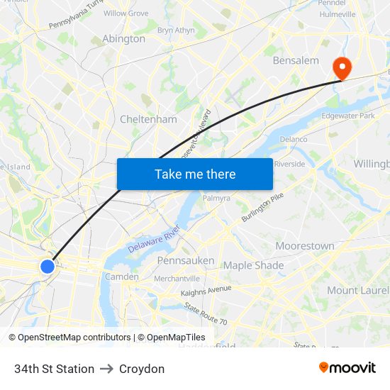 34th St Station to Croydon map