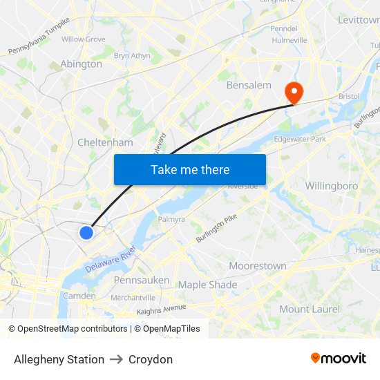 Allegheny Station to Croydon map