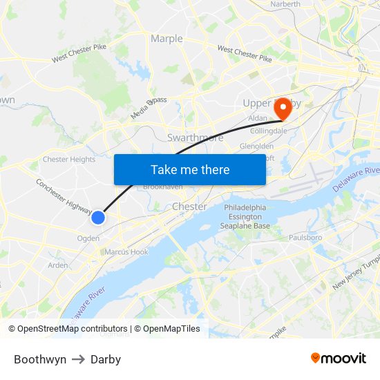 Boothwyn to Darby map