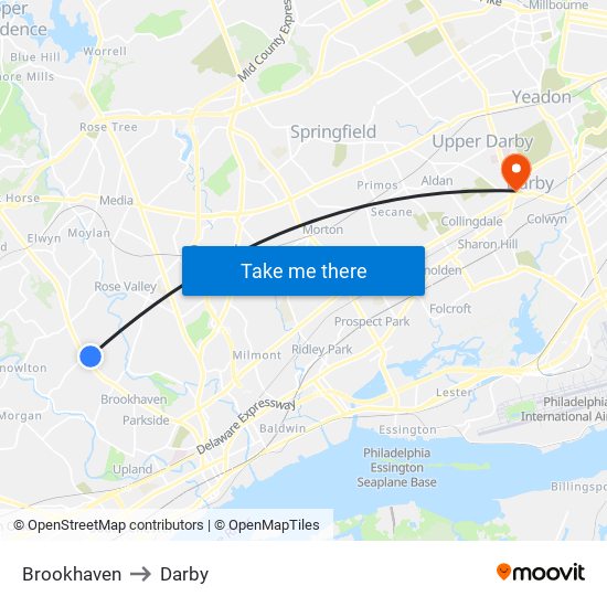 Brookhaven to Darby map