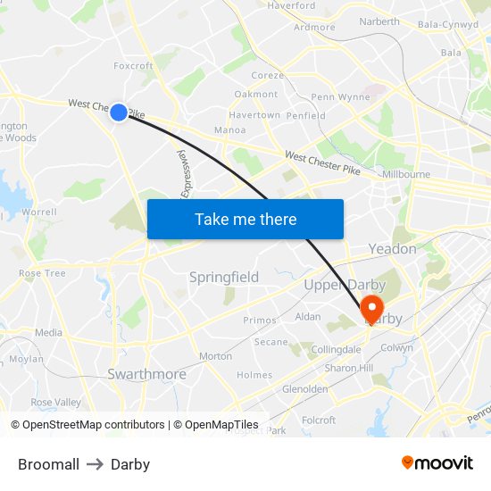 Broomall to Darby map