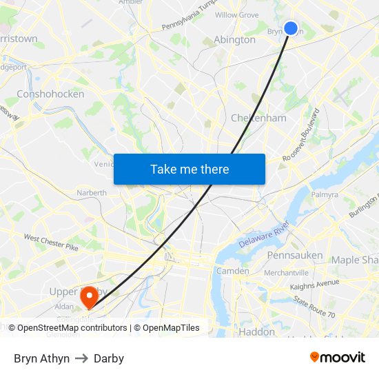 Bryn Athyn to Darby map