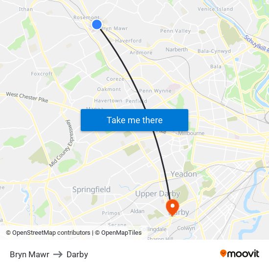 Bryn Mawr to Darby map
