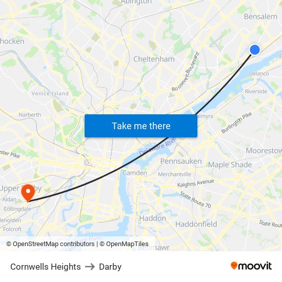 Cornwells Heights to Darby map