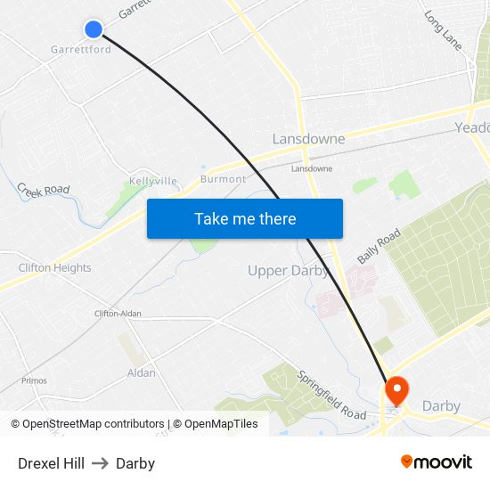 Drexel Hill to Darby map