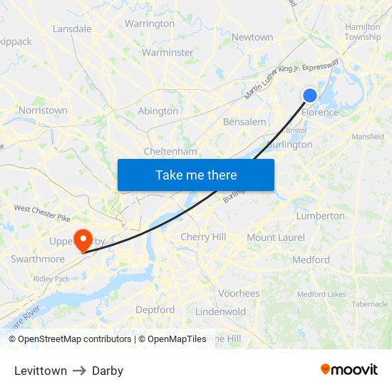 Levittown to Darby map
