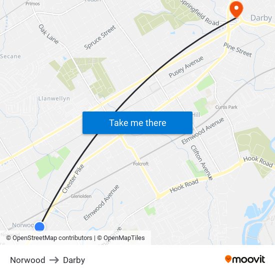 Norwood to Darby map