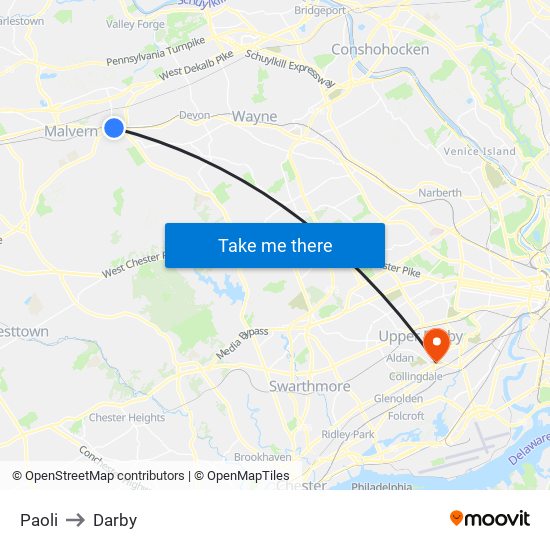 Paoli to Darby map