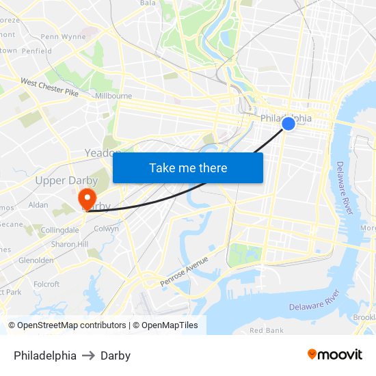 Philadelphia to Darby map