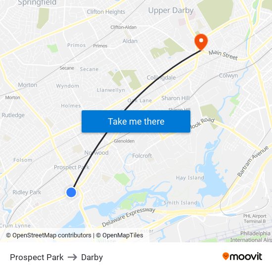 Prospect Park to Darby map