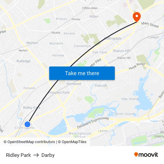 Ridley Park to Darby map