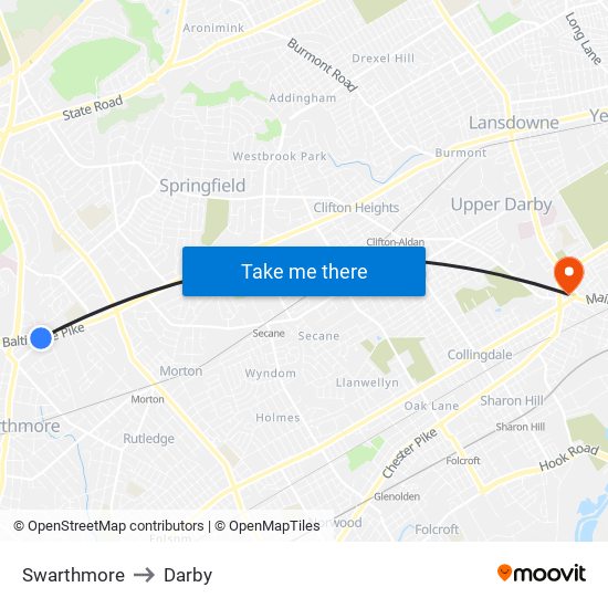 Swarthmore to Darby map