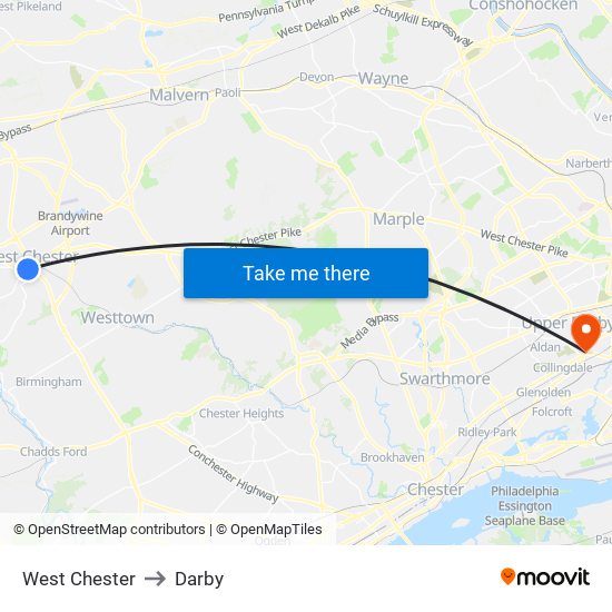 West Chester to Darby map