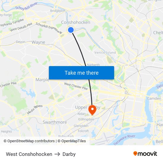 West Conshohocken to Darby map