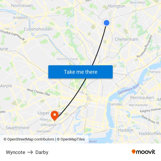 Wyncote to Darby map