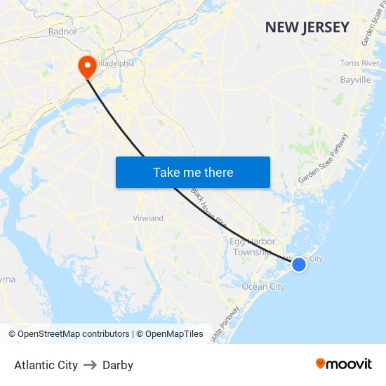 Atlantic City to Darby map