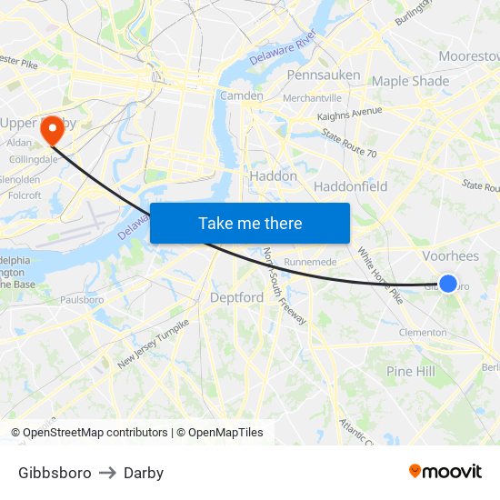 Gibbsboro to Darby map