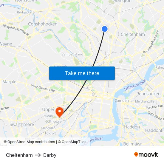 Cheltenham to Darby map