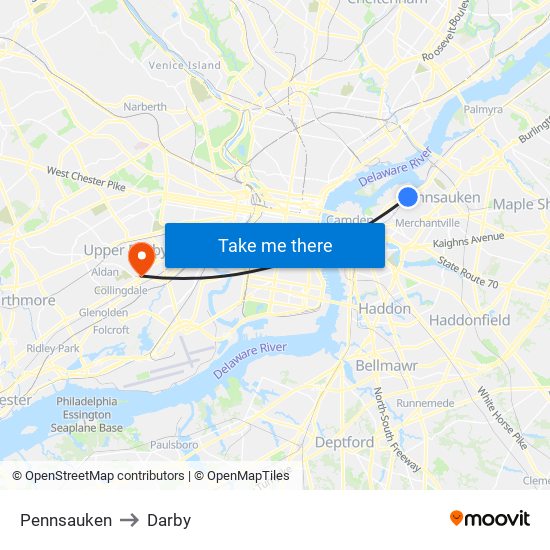 Pennsauken to Darby map