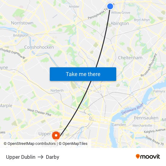 Upper Dublin to Darby map