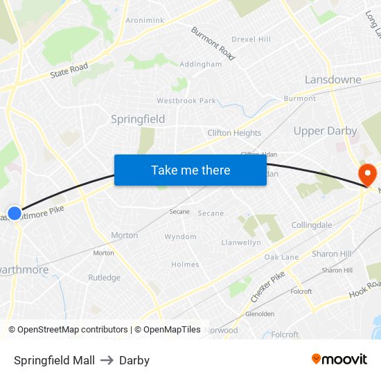 Springfield Mall to Darby map