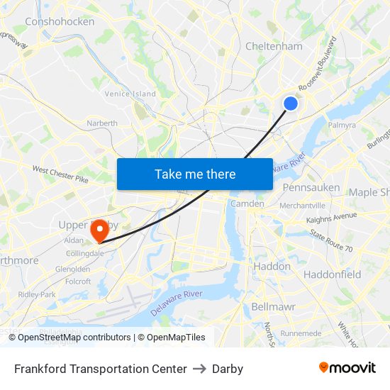 Frankford Transportation Center to Darby map