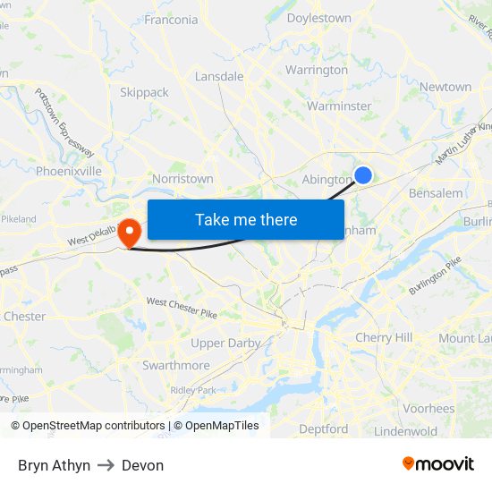 Bryn Athyn to Devon map
