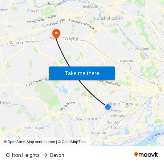 Clifton Heights to Devon map