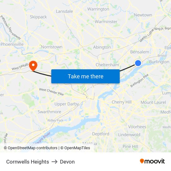 Cornwells Heights to Devon map