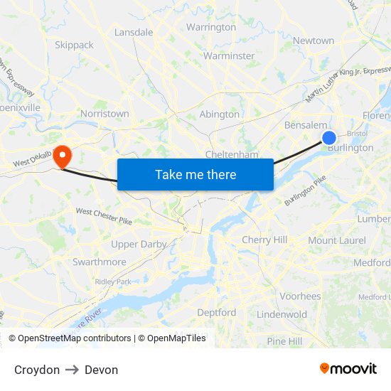 Croydon to Devon map