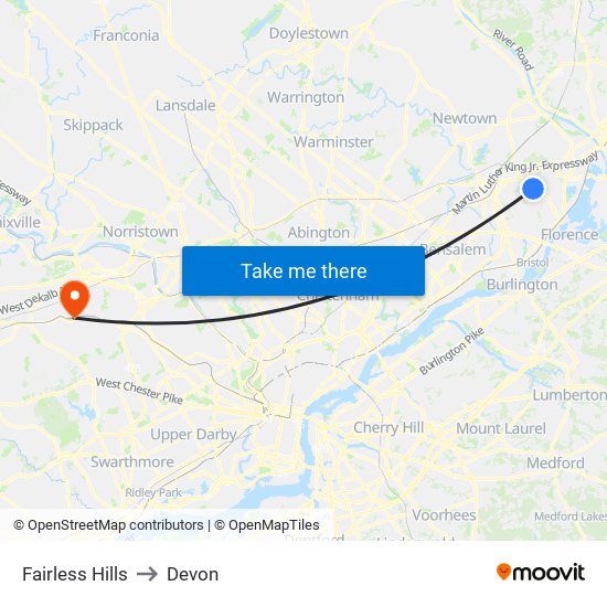 Fairless Hills to Devon map