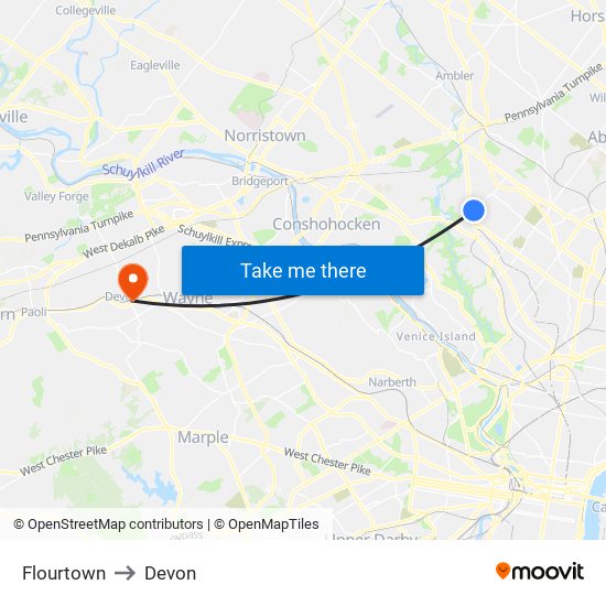 Flourtown to Devon map