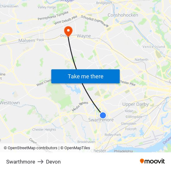 Swarthmore to Devon map