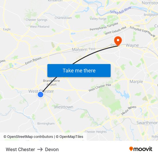 West Chester to Devon map