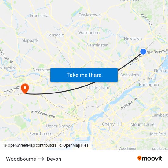 Woodbourne to Devon map