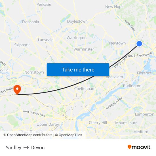 Yardley to Devon map