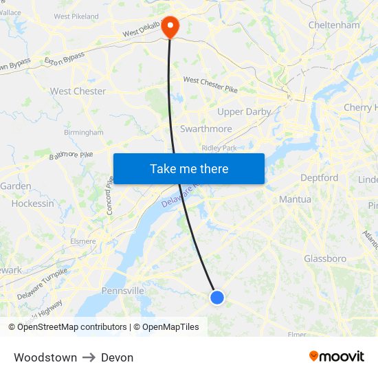 Woodstown to Devon map