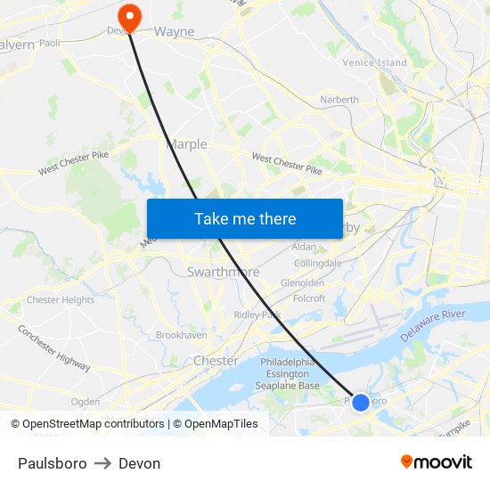 Paulsboro to Devon map