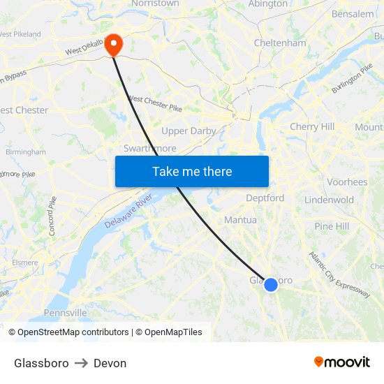 Glassboro to Devon map