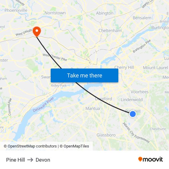 Pine Hill to Devon map