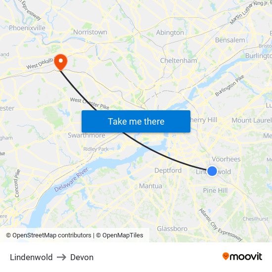 Lindenwold to Devon map