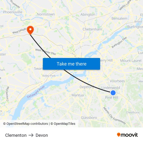 Clementon to Devon map