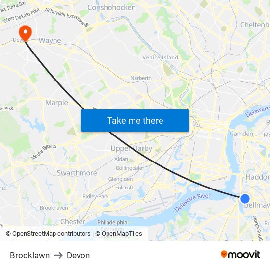 Brooklawn to Devon map