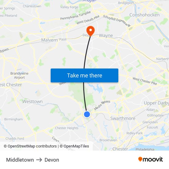 Middletown to Devon map