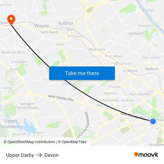 Upper Darby to Devon map