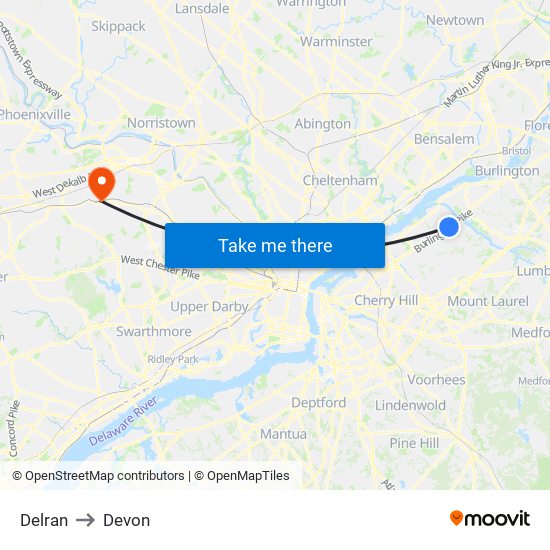 Delran to Devon map