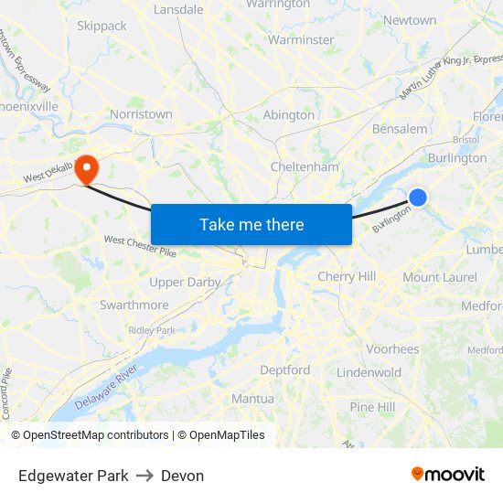 Edgewater Park to Devon map
