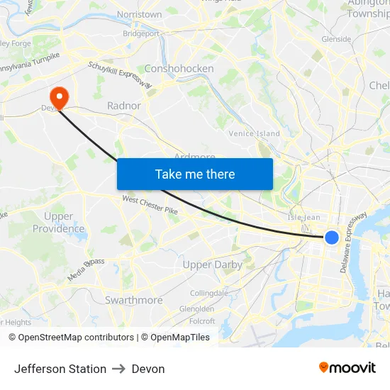 Jefferson Station to Devon map