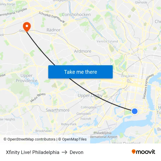 Xfinity Live! Philadelphia to Devon map