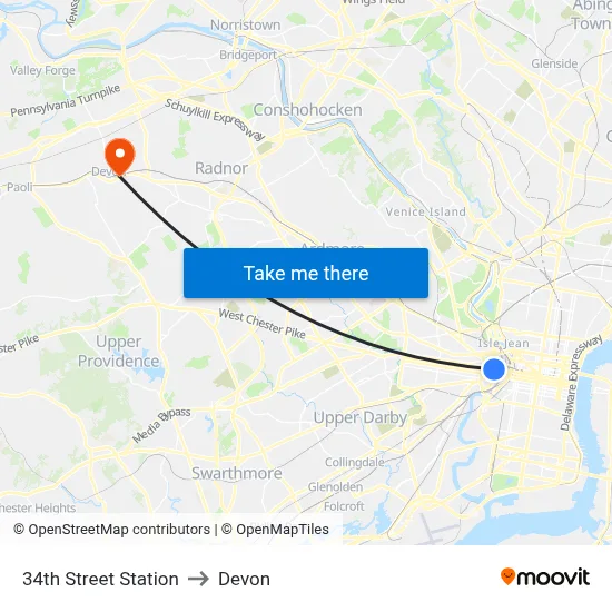 34th Street Station to Devon map